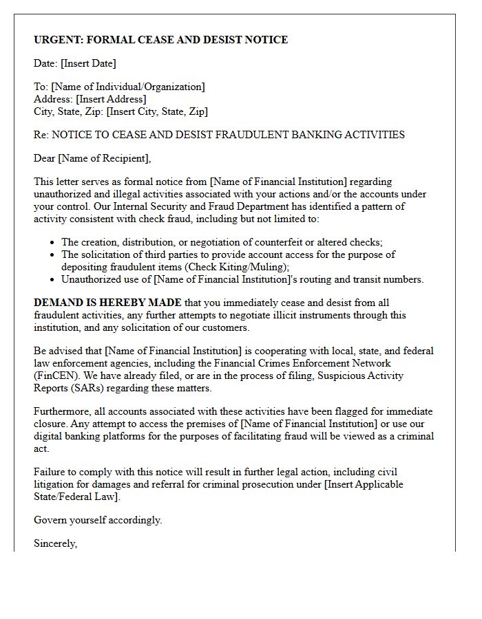 Financial Institution Cease and Desist Letter Targeting Check Fraud Rings