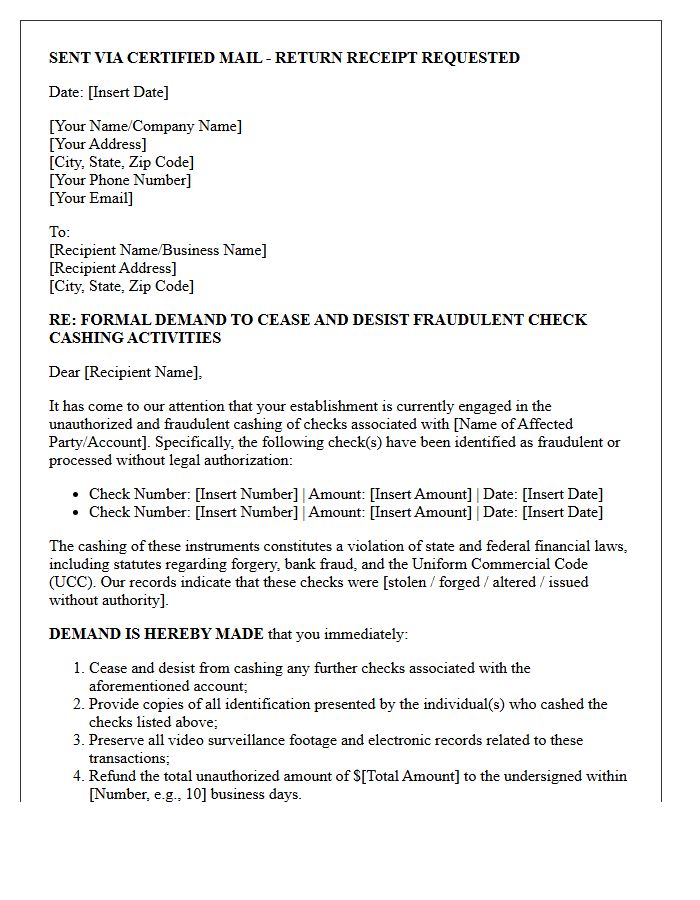 Formal Demand Letter to Halt Fraudulent Check Cashing Operations