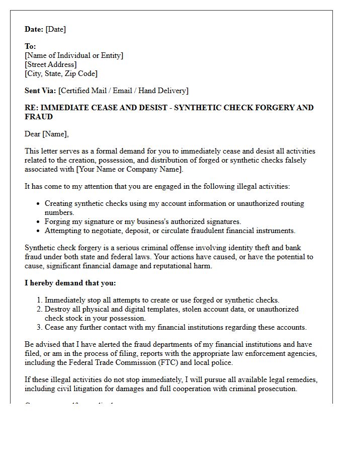 Immediate Cease and Desist Letter Regarding Synthetic Check Forgery