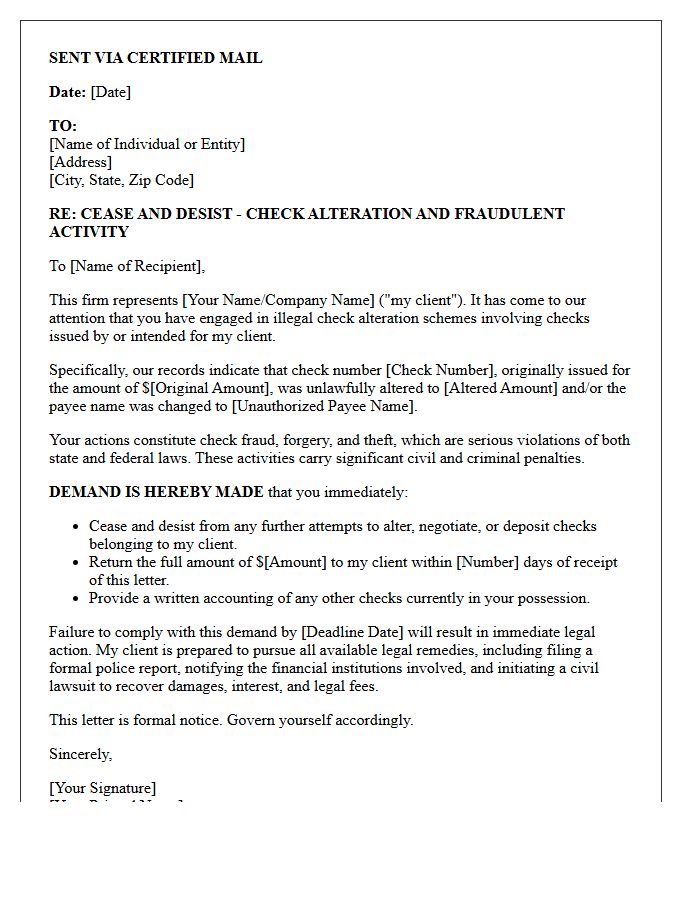Legal Notice and Cease and Desist Letter for Check Alteration Schemes