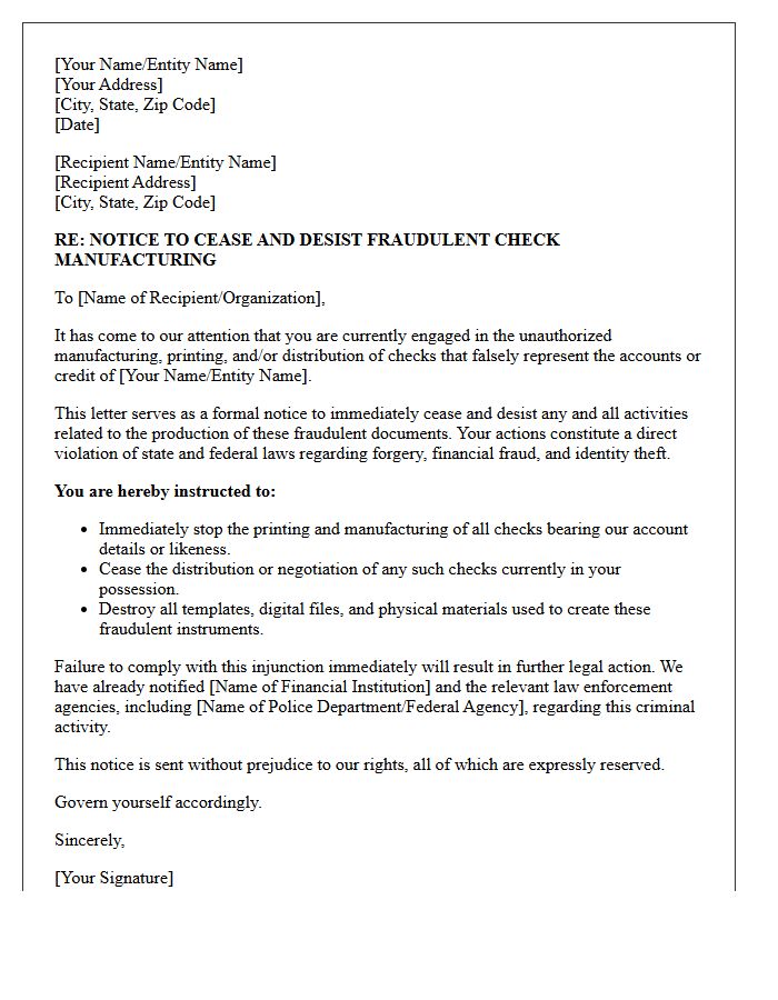 Letter of Injunction Against Fraudulent Check Manufacturing