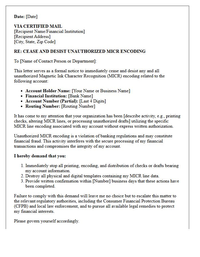 Official Cease and Desist Letter for Unauthorized Check MICR Encoding