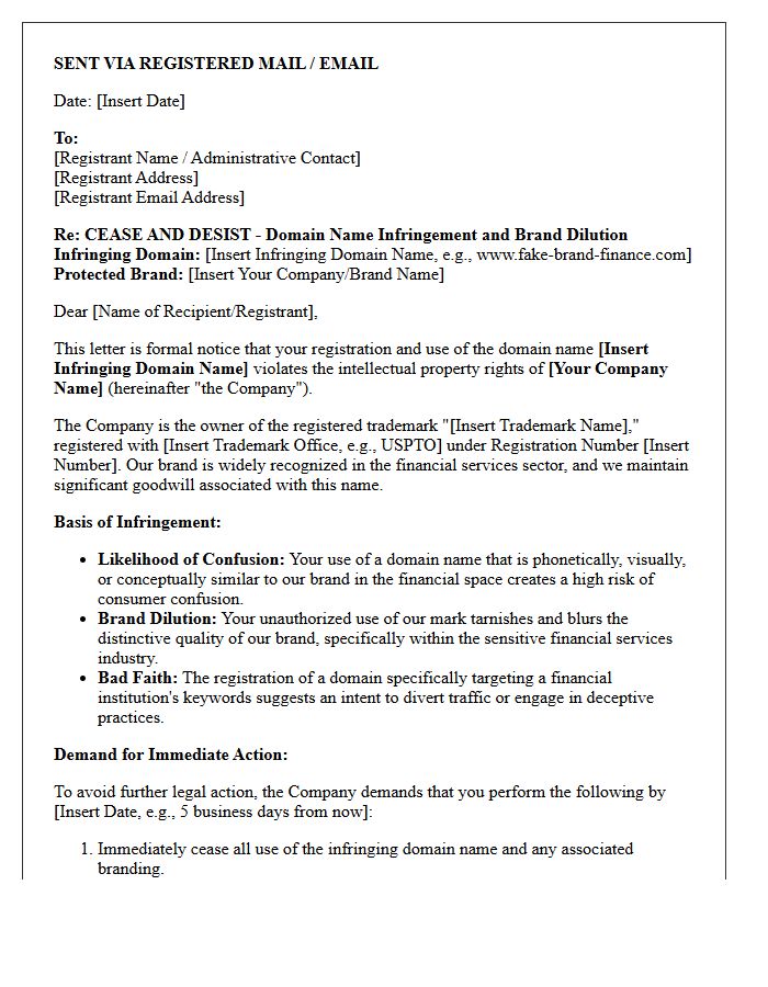 Cease and Desist Letter for Digital Brand Dilution and Financial Domain Name Infringement