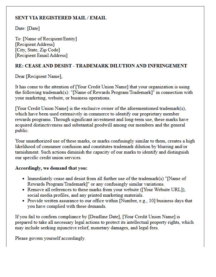 Cease and Desist Letter for Dilution of Credit Union Rewards Program Trademarks