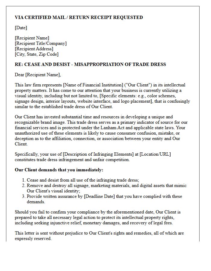 Cease and Desist Letter for Misappropriation of Financial Institution Trade Dress