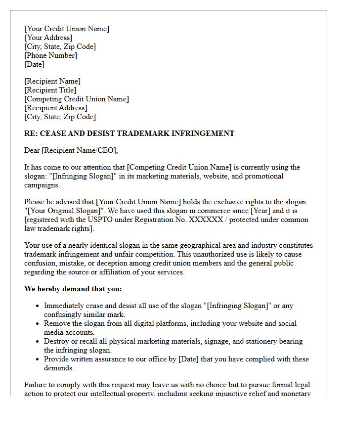 Cease and Desist Letter for Slogan Infringement by Competing Credit Union