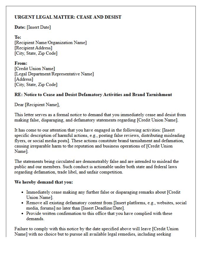 Cease and Desist Letter for Tarnishment of Credit Union Brand Reputation