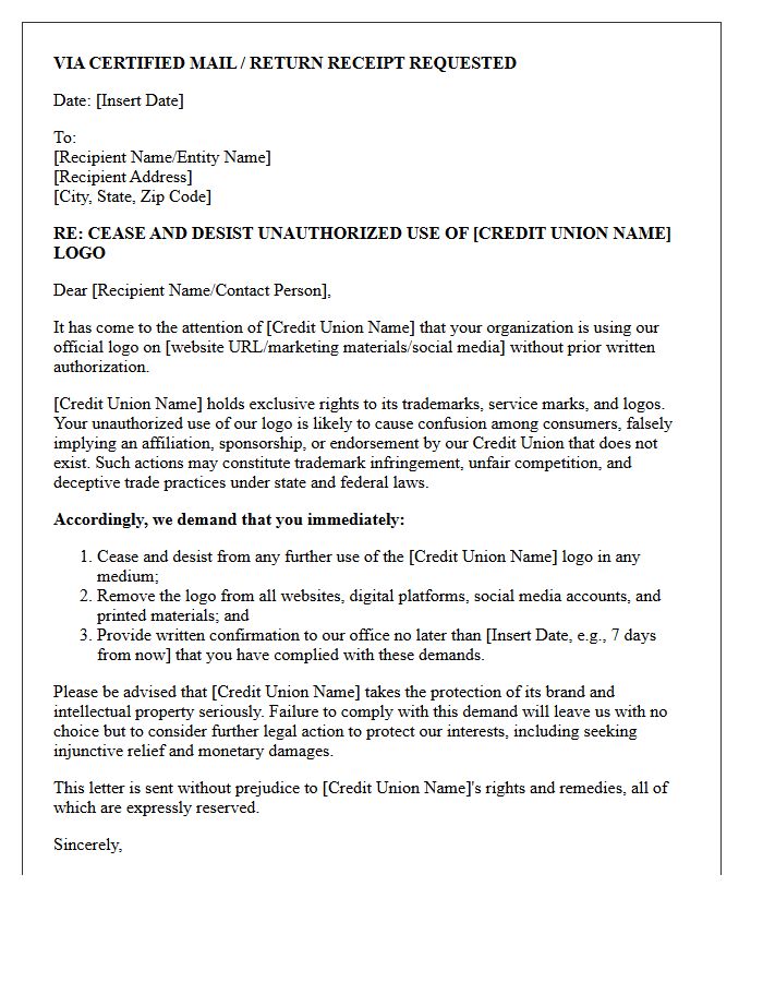 Cease and Desist Letter for Unauthorized Use of Credit Union Logo