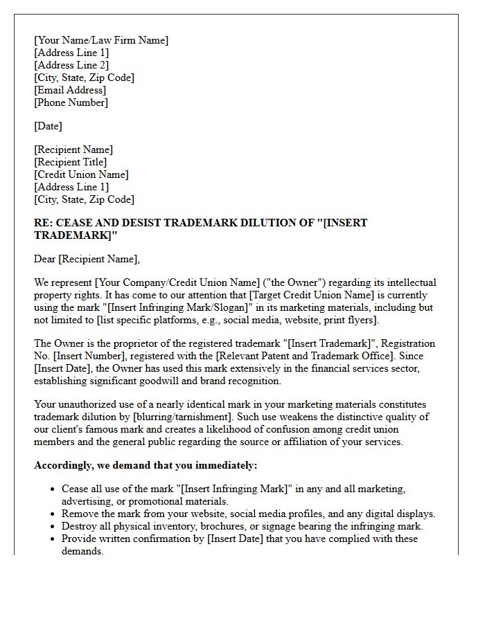 Demand Letter for Immediate Cessation of Trademark Dilution in Credit Union Marketing Materials