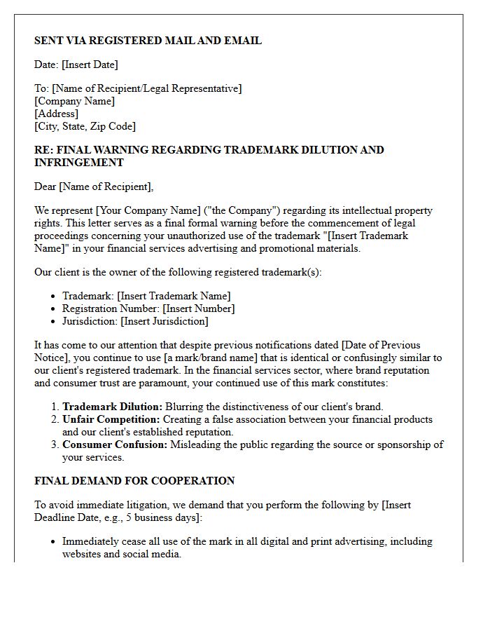 Final Warning Letter for Trademark Dilution in Financial Services Advertising