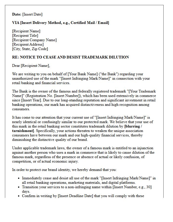 Notice Letter of Trademark Dilution in Retail Banking Operations