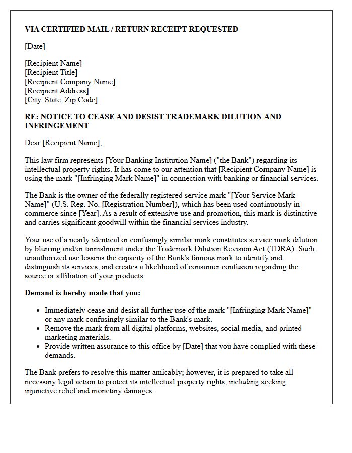 Official Letter of Notice Demanding Cessation of Banking Service Mark Dilution