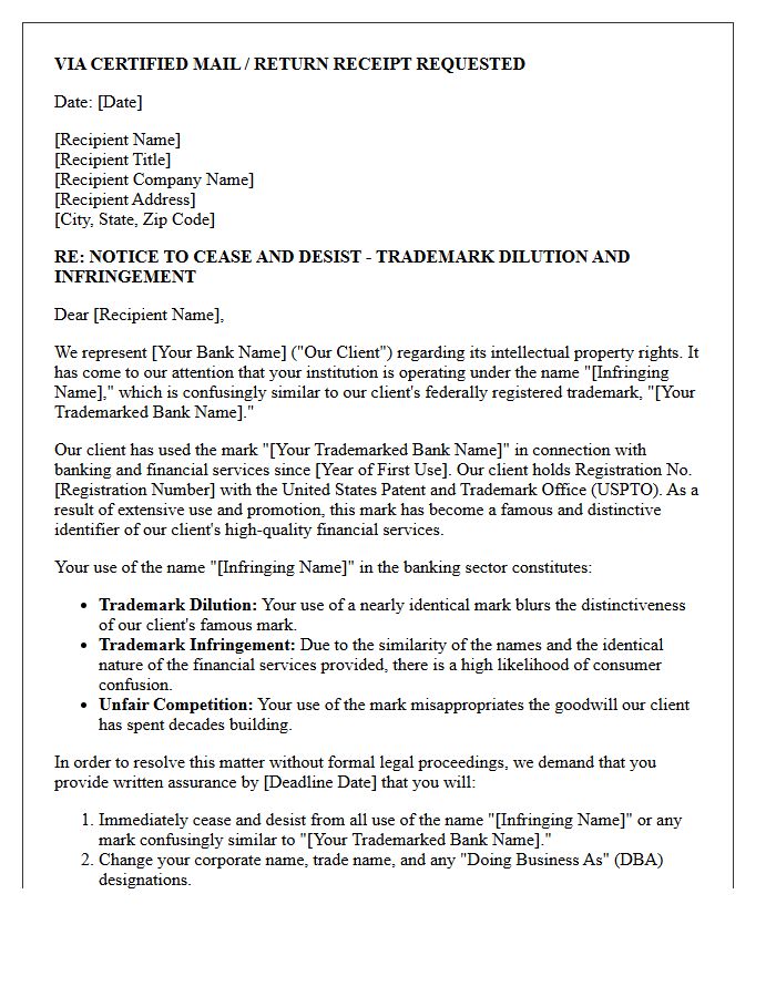 Trademark Dilution Demand Letter for Confusingly Similar Banking Names
