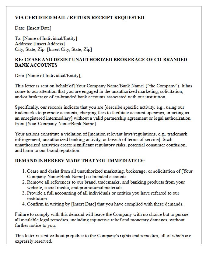 Cease and Desist Letter Addressing Unauthorized Brokerage of Co-Branded Bank Accounts