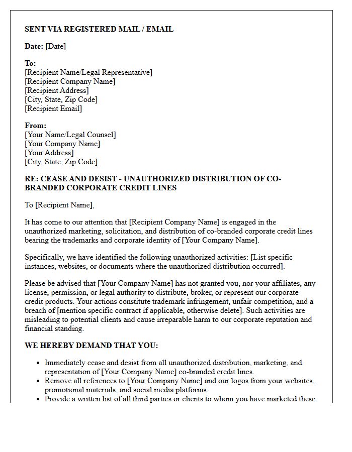 Cease and Desist Letter for Unauthorized Distribution of Co-Branded Corporate Credit Lines
