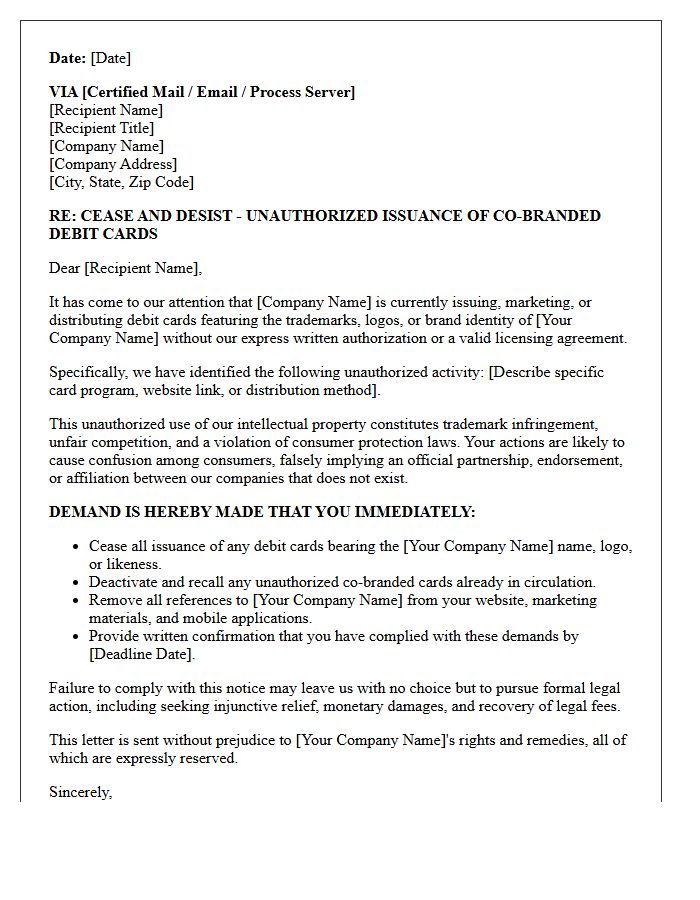 Cease and Desist Letter for Unauthorized Issuance of Co-Branded Debit Cards