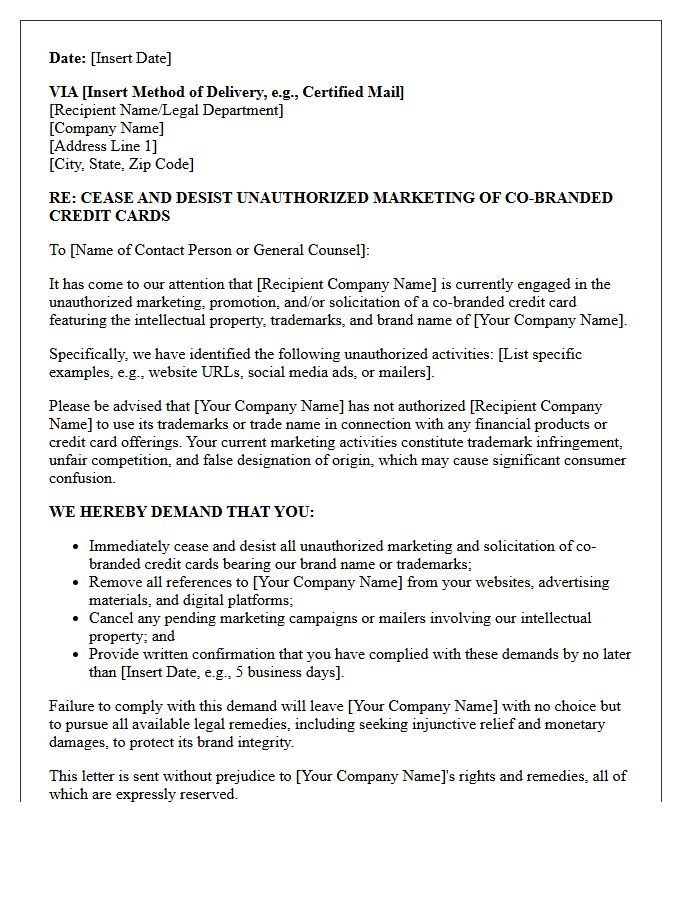 Cease and Desist Letter for Unauthorized Marketing of Co-Branded Credit Cards