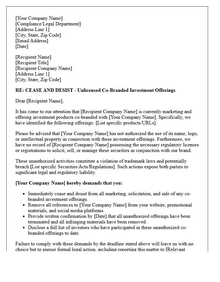 Compliance Letter Demanding End to Unlicensed Co-Branded Investment Offerings