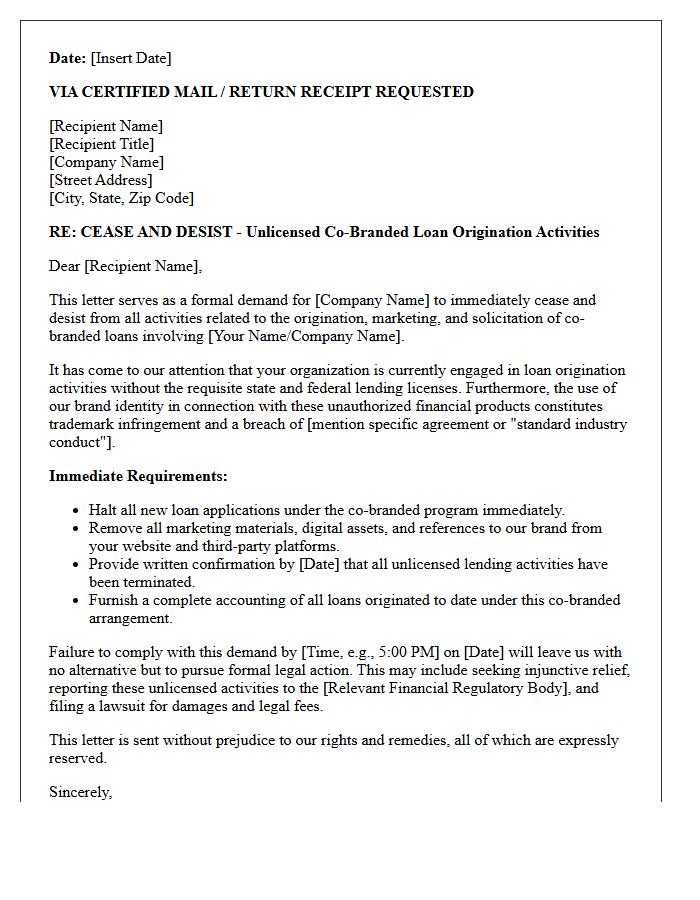 Demand Letter for Immediate Halt of Unlicensed Co-Branded Loan Originations