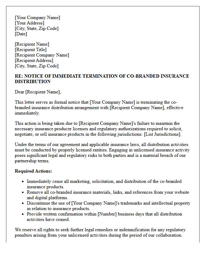 Demand Letter for Termination of Unlicensed Co-Branded Insurance Distribution