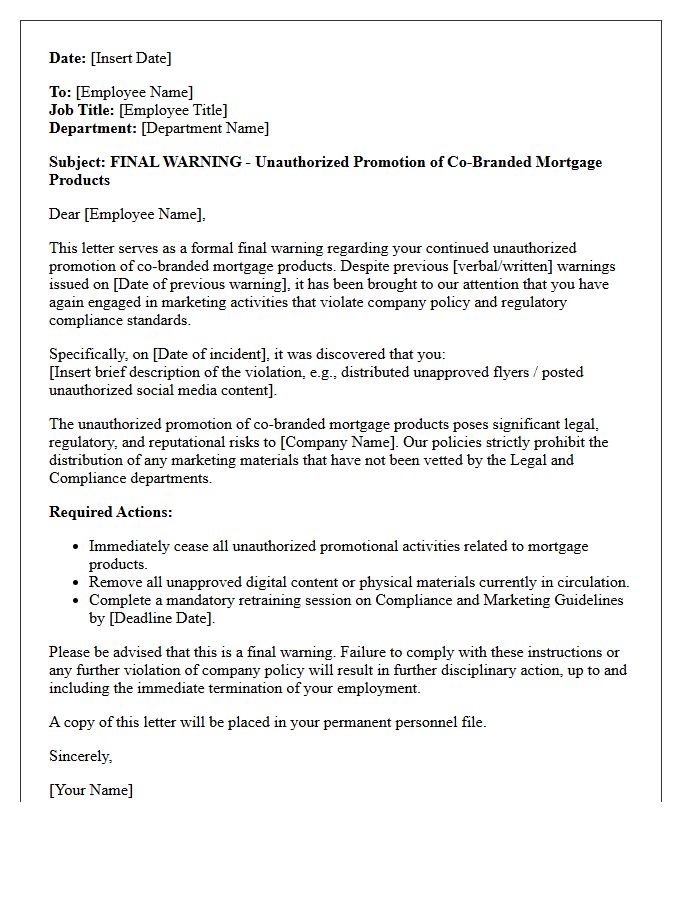 Final Warning Letter for Unauthorized Promotion of Co-Branded Mortgage Products