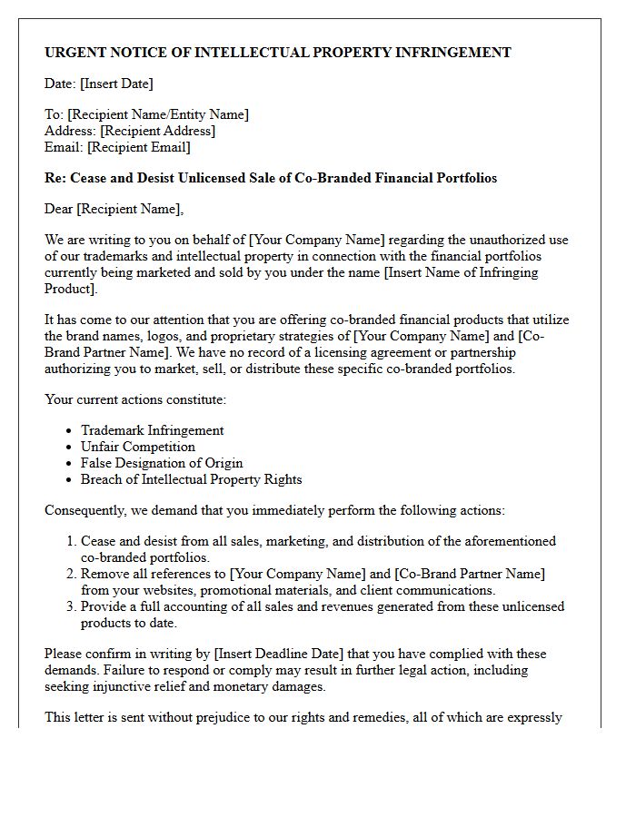 Infringement Letter Regarding Unlicensed Sale of Co-Branded Financial Portfolios