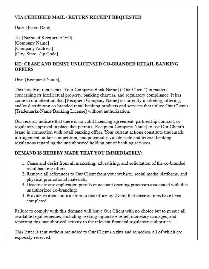Legal Notice Letter Stopping Unlicensed Co-Branded Retail Banking Offers