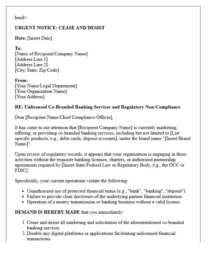 Notice Letter Demanding Cessation of Unlicensed Co-Branded Banking Services