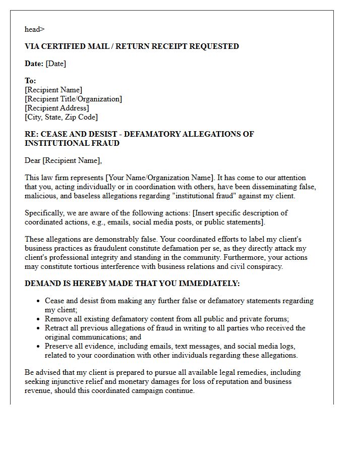 Cease and Desist Letter Addressing Coordinated Allegations of Institutional Fraud