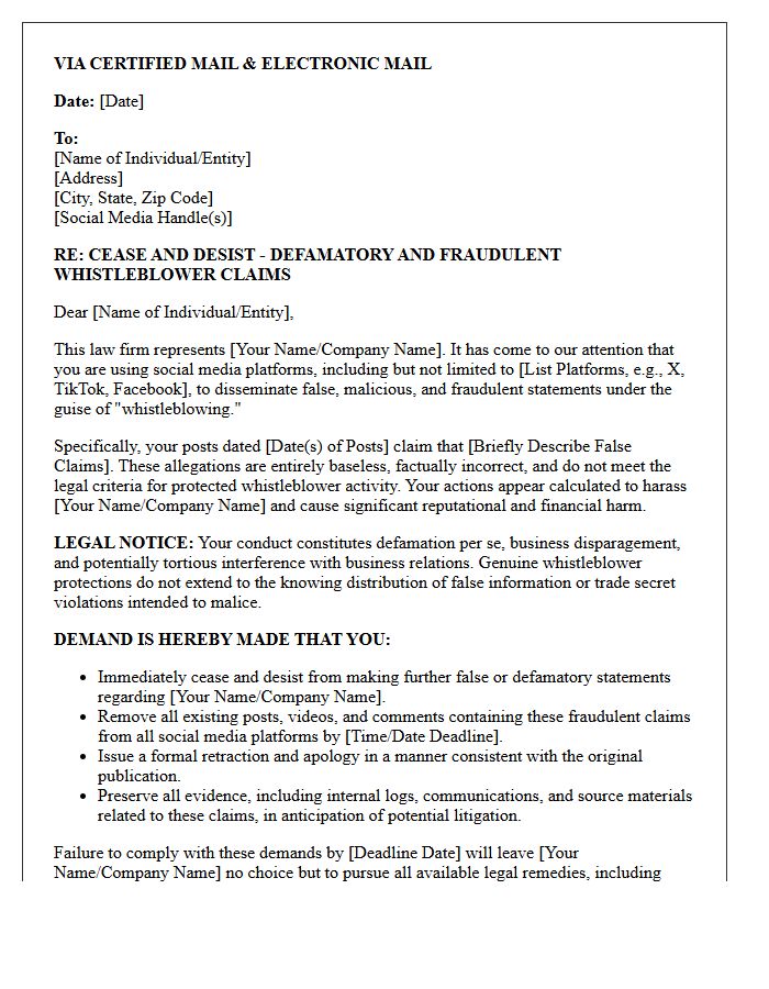 Cease and Desist Letter Addressing Fraudulent Whistleblower Claims Promoted on Social Media
