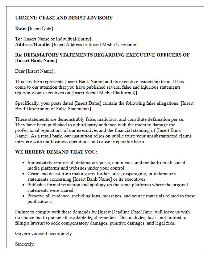 Cease and Desist Letter Against Defamation of Retail Bank Executives on Social Platforms