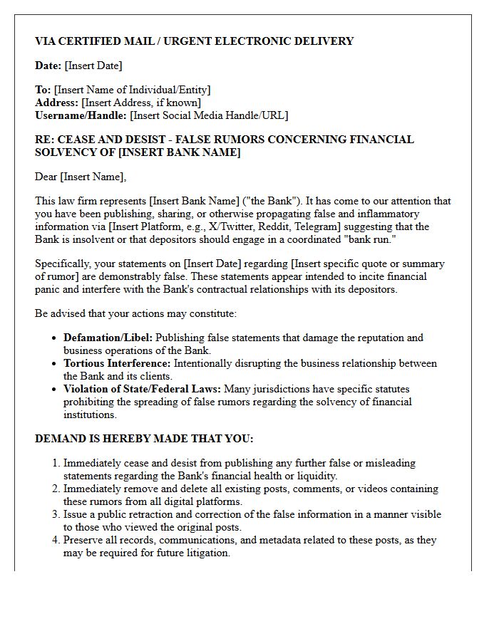 Cease and Desist Letter Concerning Organized Bank Run Rumors Propagated Online