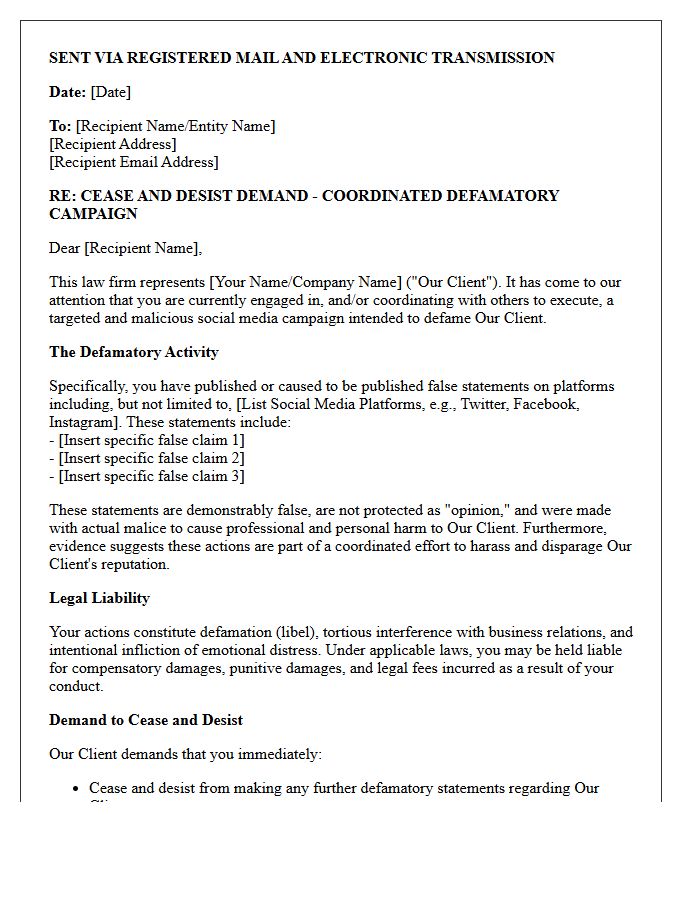 Cease and Desist Letter Demanding Immediate Cessation of Coordinated Defamatory Social Media Campaigns