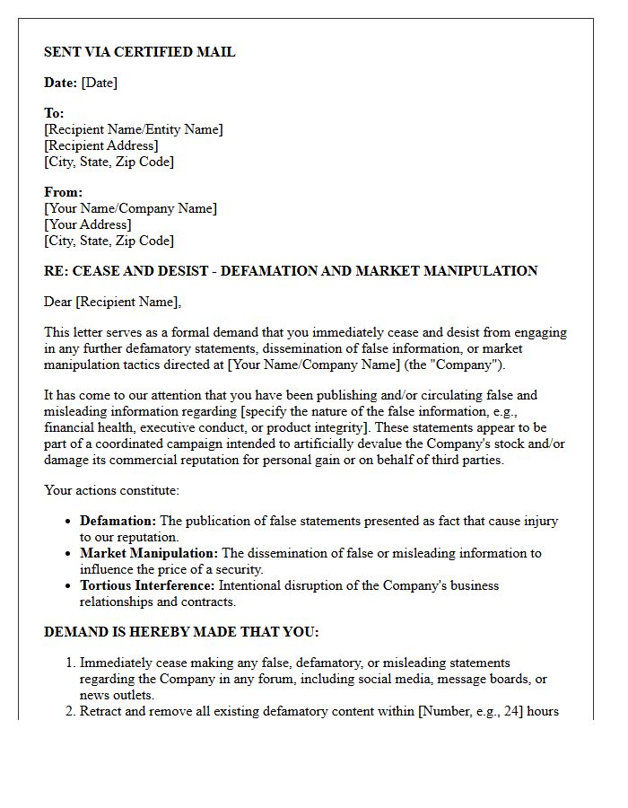 Cease and Desist Letter Demanding the Halt of Market Manipulation Defamation Campaigns