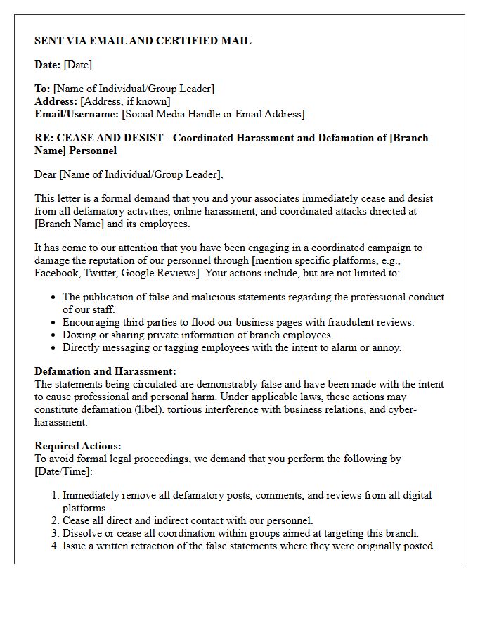 Cease and Desist Letter for Coordinated Online Harassment and Defamation of Branch Personnel