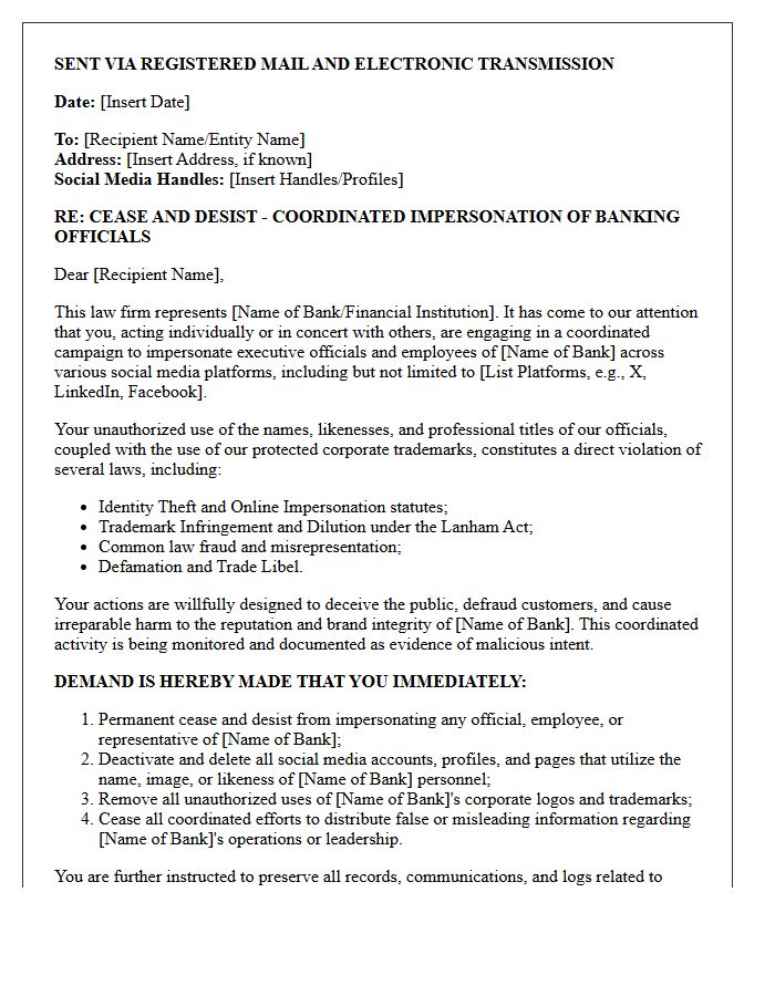 Cease and Desist Letter for Coordinated Social Media Impersonation of Banking Officials