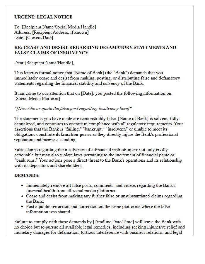 Cease and Desist Letter Regarding False Claims of Bank Insolvency on Social Media