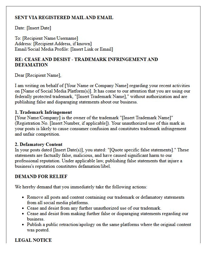 Cease and Desist Letter Regarding Trademark Misuse and Defamatory Social Media Posts