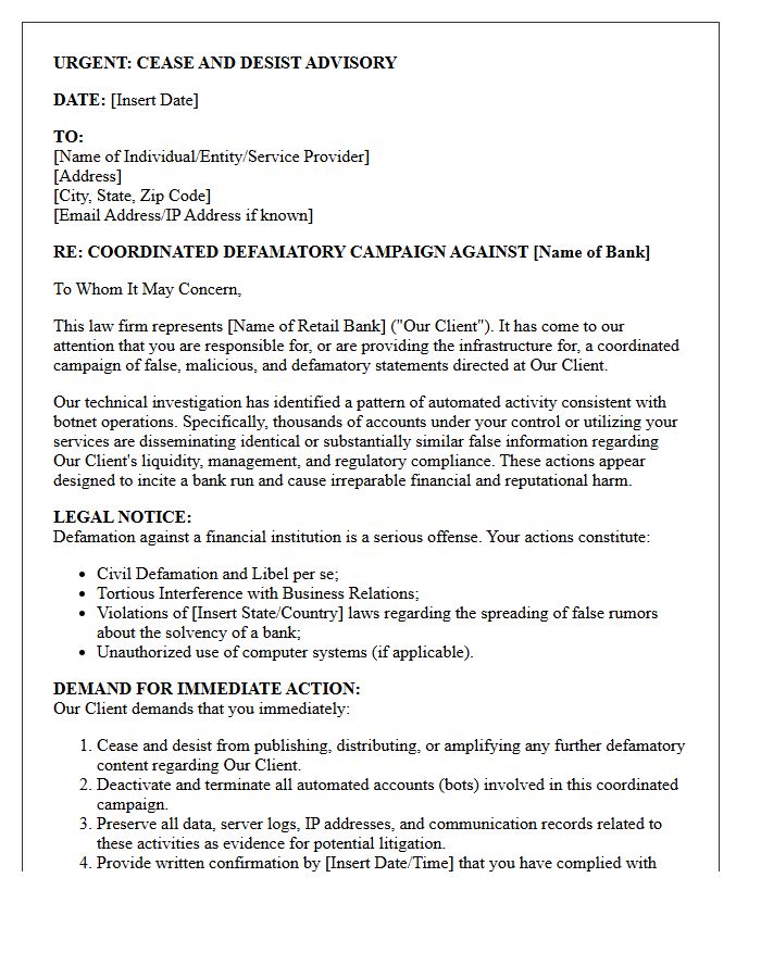 Cease and Desist Letter Targeting Botnet-Driven Defamation Against Retail Banks