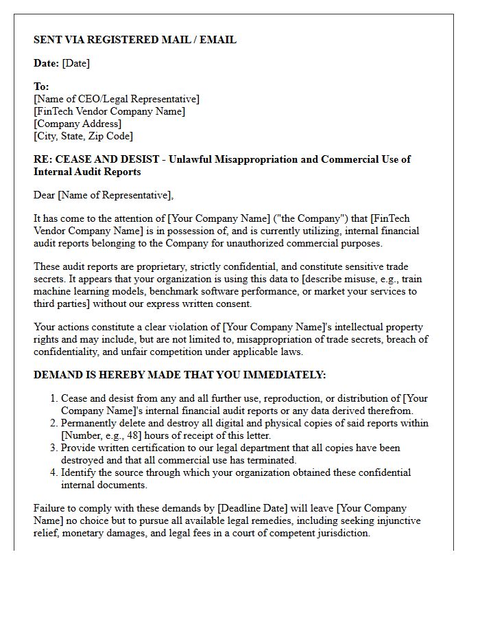 Cease and Desist Letter Addressing Commercial Misappropriation of Internal Financial Audit Reports by Financial Technology Vendors