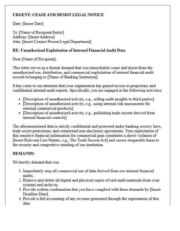 Cease and Desist Letter Concerning the Exploitation of Internal Financial Audits for Commercial Gain in the Banking Sector