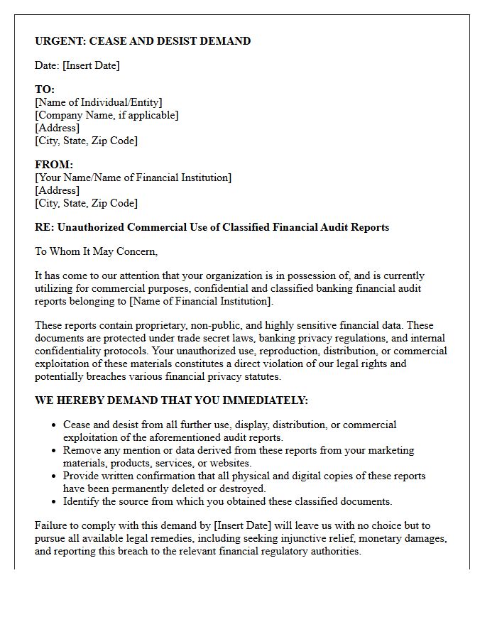 Cease and Desist Letter Demanding a Halt to Commercial Use of Classified Banking Financial Audit Reports