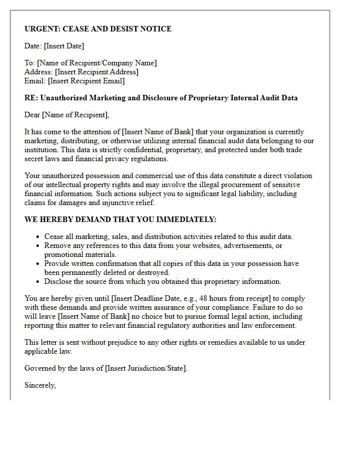 Cease and Desist Letter for the Unauthorized Marketing of Internal Bank Financial Audit Data