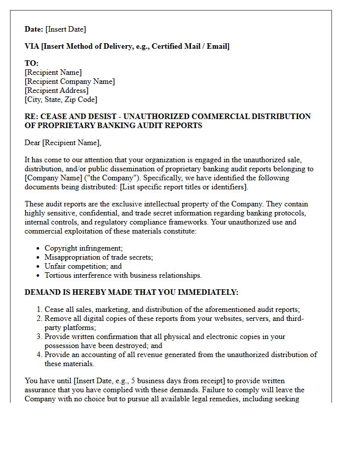 Cease and Desist Letter for Unauthorized Commercial Distribution of Proprietary Banking Audit Reports