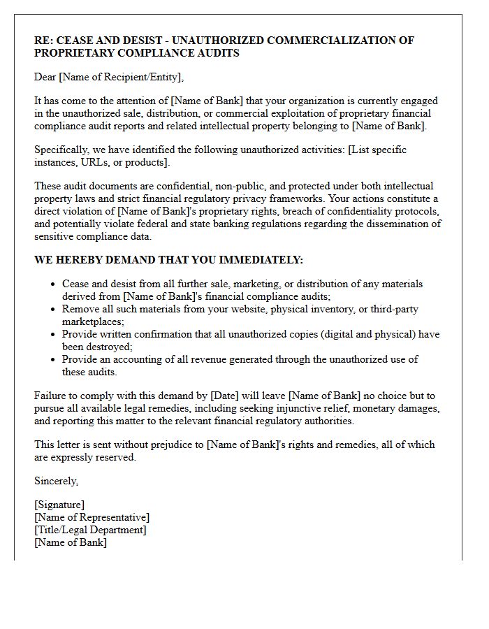 Cease and Desist Letter for Unauthorized Third-Party Commercialization of Bank Financial Compliance Audits