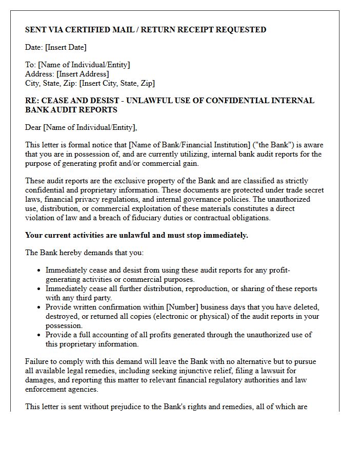 Cease and Desist Letter for Unlawful Profit Generation Using Internal Bank Audit Reports