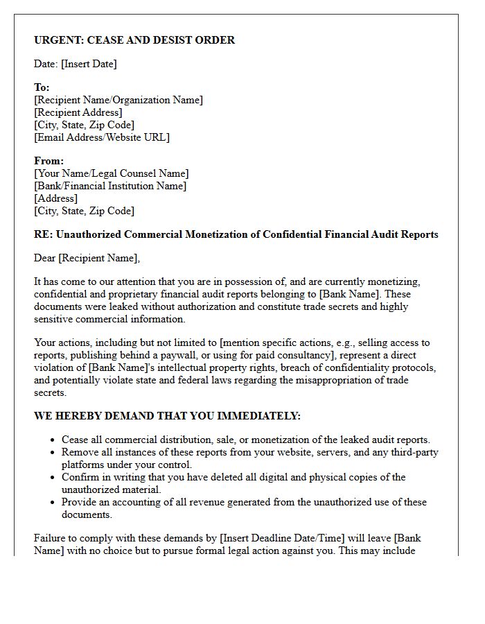 Cease and Desist Letter Regarding the Commercial Monetization of Leaked Bank Financial Audit Reports