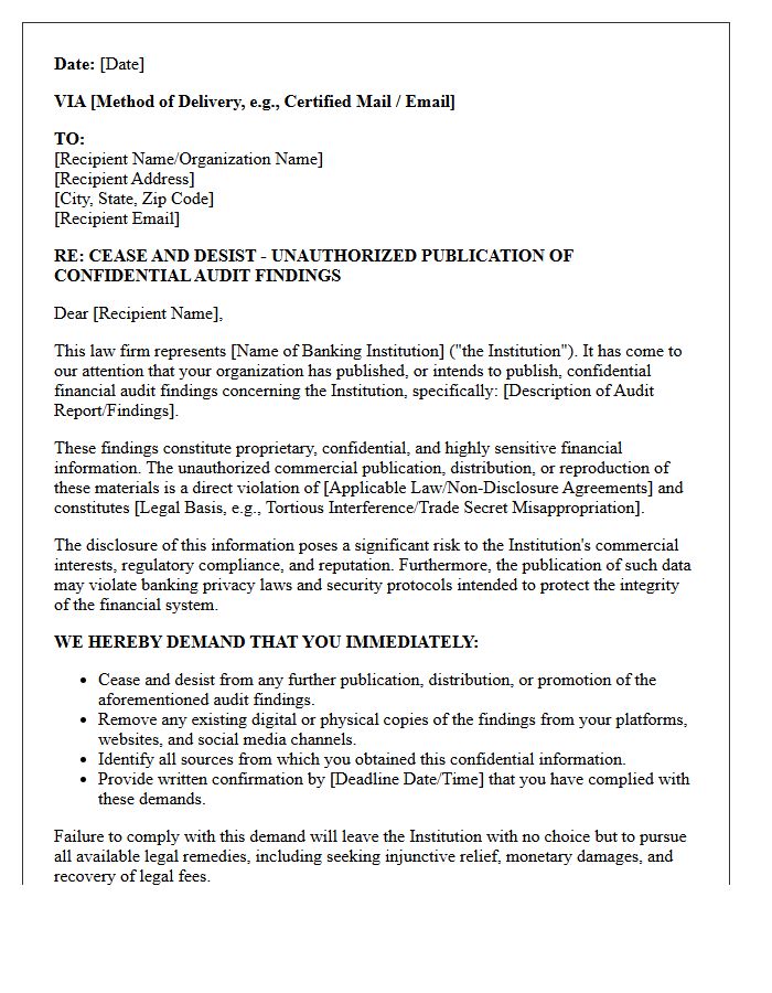 Cease and Desist Letter Regarding the Unauthorized Commercial Publication of Banking Financial Audit Findings