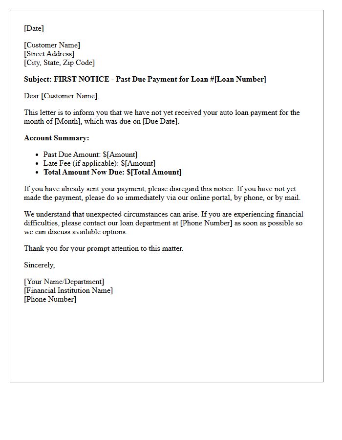 Auto Loan First Notice of Past Due Payment Letter