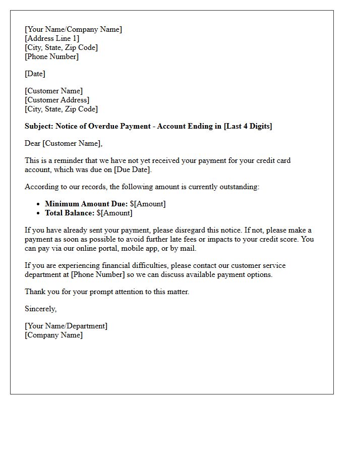 First Notice of Overdue Payment Letter for Credit Card Accounts